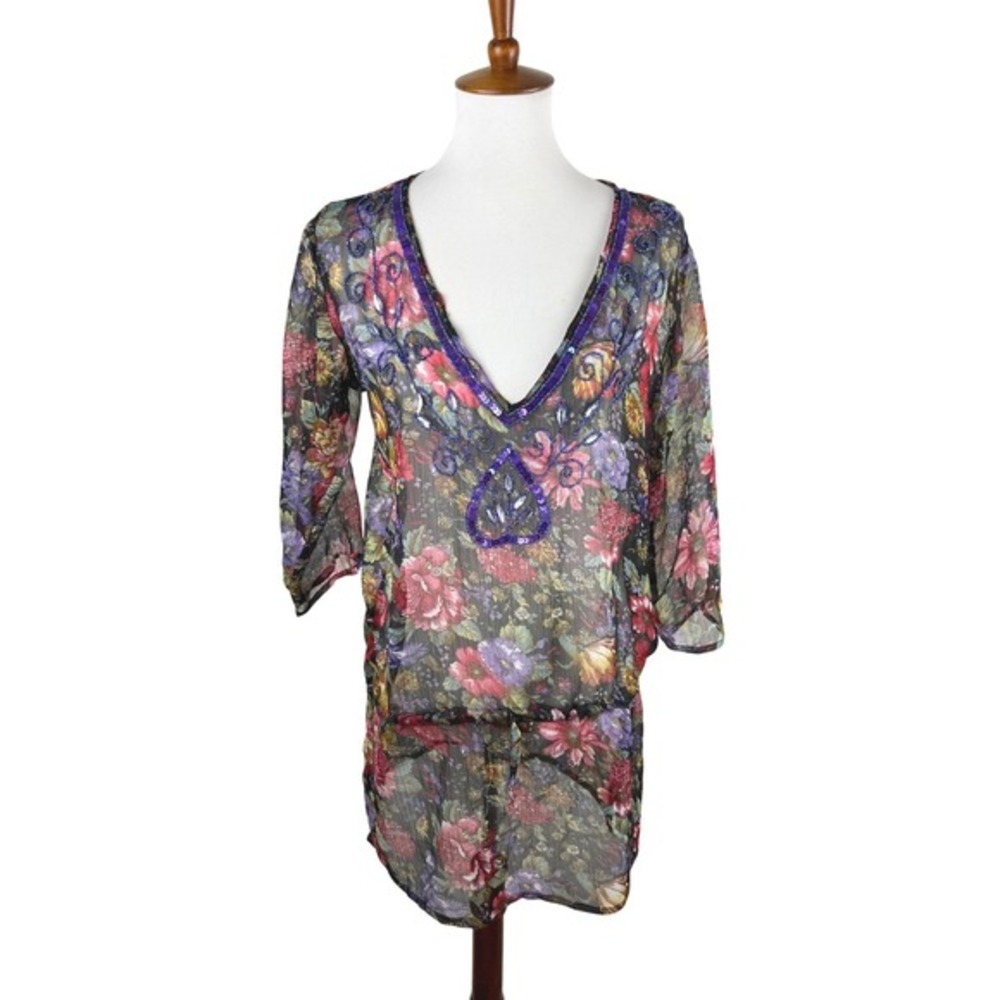 Priya Floral Sheer Beaded Sequin Tunic Top One Size OS